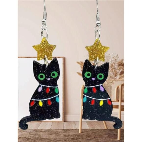 Cute Black Cat Acrylic Christmas Dangle Earrings - Picture 1 of 3